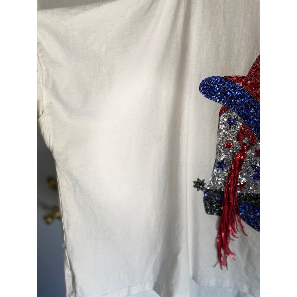Fantastic Fawn Cowboy Boot Sequin T-Shirt Patriotic USA Oversized Tee M EUC - Picture 4 of 12